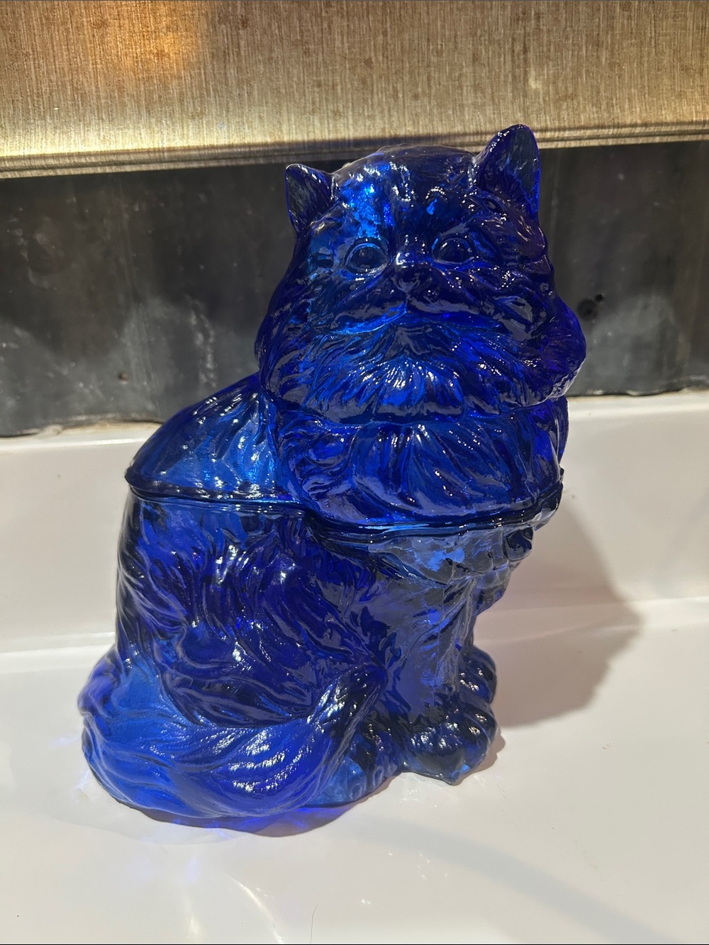 Blue Glass Cat Trinket Jar - Decorative Home Accent